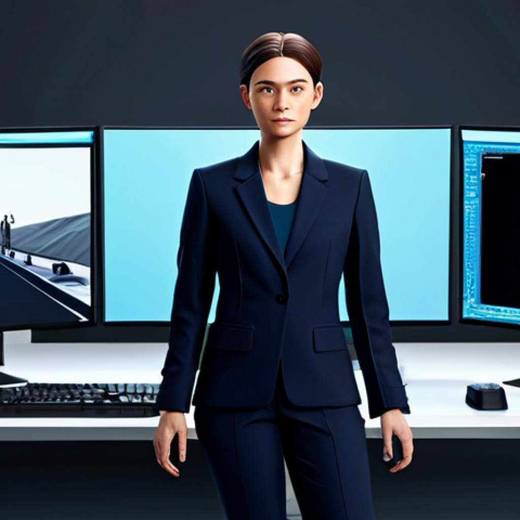 A professional character designer, gender-neutral, in a modern, high-tech studio. Dressed in professional, modest attire, such as a smart jacket and well-fitted trousers. Standing or seated at an advanced workstation with multiple sleek monitors displaying intricate 3D models and concept art of diverse characters (e.g., for gaming or metaverse). One screen might show a subtle, abstract representation of AI-generated initial concepts, blending seamlessly with human-refined art. The studio is clean, minimalist, with soft ambient lighting. Perfect anatomy, correct proportions, natural pose, well-formed hands, proper finger count, natural body proportions, high detail, professional photography, cinematic lighting, ultra-realistic, digital art, fully clothed, modest clothing, appropriate attire, professional dress, safe for work, appropriate content, professional, family-friendly.
