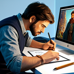 Digital Artist at Work**

"A character designer, fully clothed in comfortable professional attire, working on a digital painting of a fantasy character using a pen tablet in a brightly lit studio. Perfect anatomy, correct proportions, natural pose, well-formed hands, proper finger count, safe for work, appropriate content, professional, family-friendly, digital art style, high quality."

**