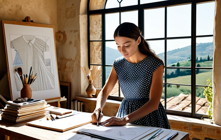 **

A professional fashion designer in a sun-drenched Tuscan studio, surrounded by sketches and fabric swatches. She is fully clothed in a stylish, modest dress, working on a new design. The studio is filled with natural light and overlooks rolling hills. Safe for work, appropriate content, perfect anatomy, natural proportions, professional setting, family-friendly.

**