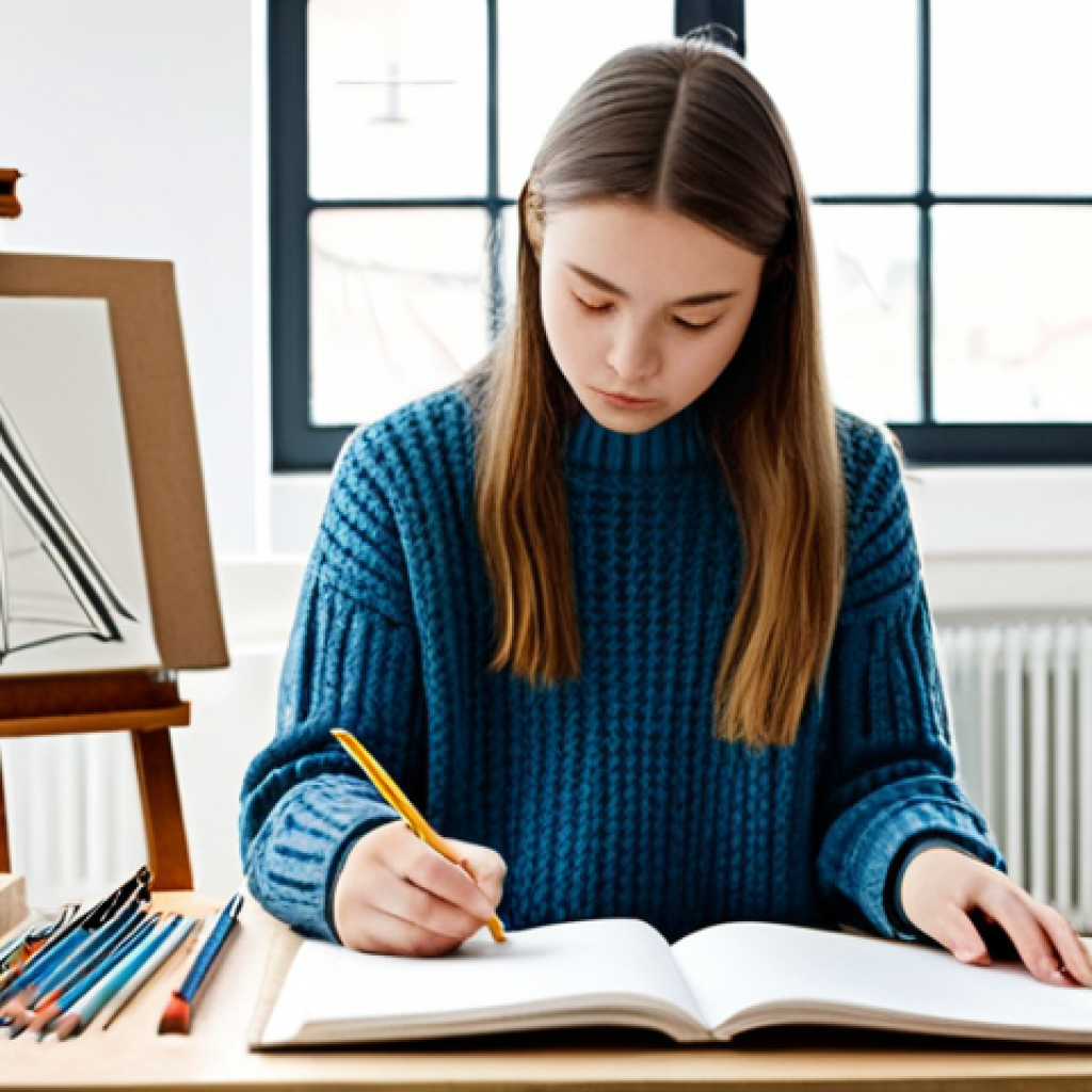 캐릭터 디자인과 미술 교육의 관계 - **Subject:** A young art student in a fully clothed, modest outfit (jeans and a sweater), diligently...