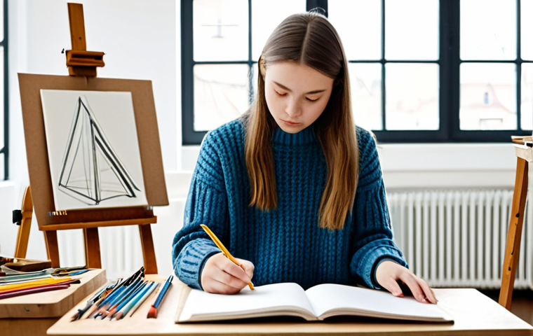 캐릭터 디자인과 미술 교육의 관계 - **Subject:** A young art student in a fully clothed, modest outfit (jeans and a sweater), diligently...