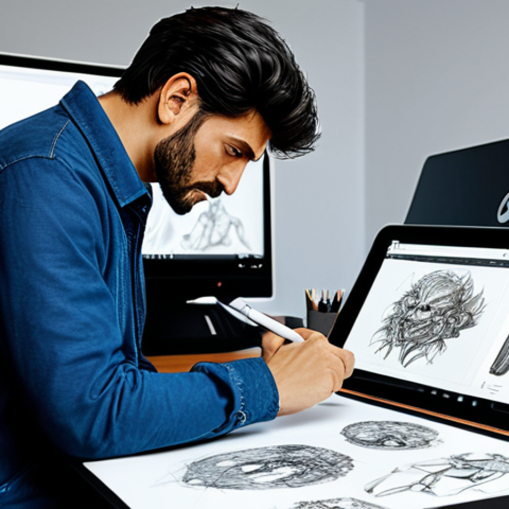 캐릭터 디자인 교육과정 개발 사례 - **Concept Artist at Work:** "A professional character designer in a modern Italian studio, working o...