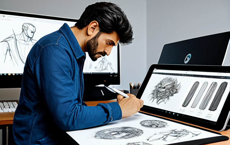 캐릭터 디자인 교육과정 개발 사례 - **Concept Artist at Work:** "A professional character designer in a modern Italian studio, working o...