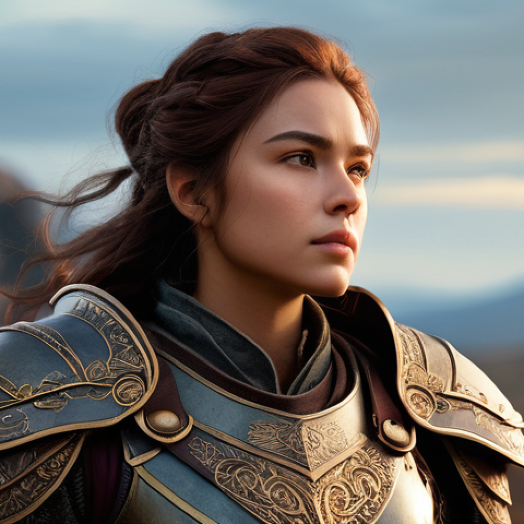 캐릭터 디자인 프로젝트 기획서 작성법 - **A seasoned female fantasy hero, full-body portrait, depicted in a highly detailed, cinematic digit...