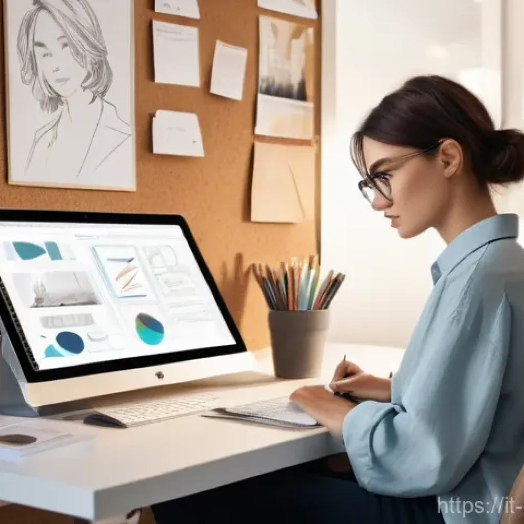 캐릭터 디자인 작업 속도 높이는 팁 - A focused female character designer, in her late 20s, with short, stylish hair, seated at a bright, ...