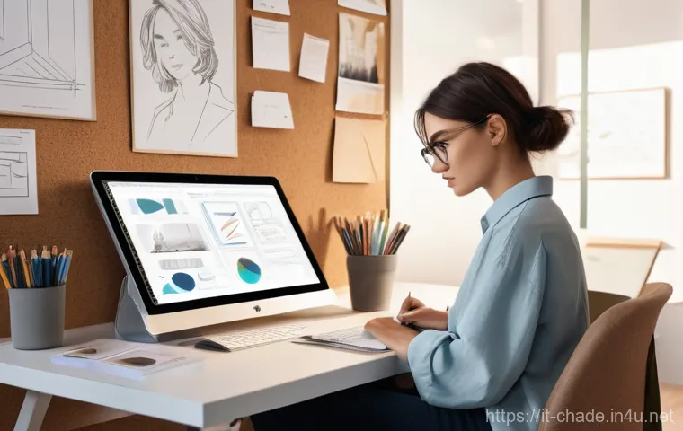 캐릭터 디자인 작업 속도 높이는 팁 - A focused female character designer, in her late 20s, with short, stylish hair, seated at a bright, ...