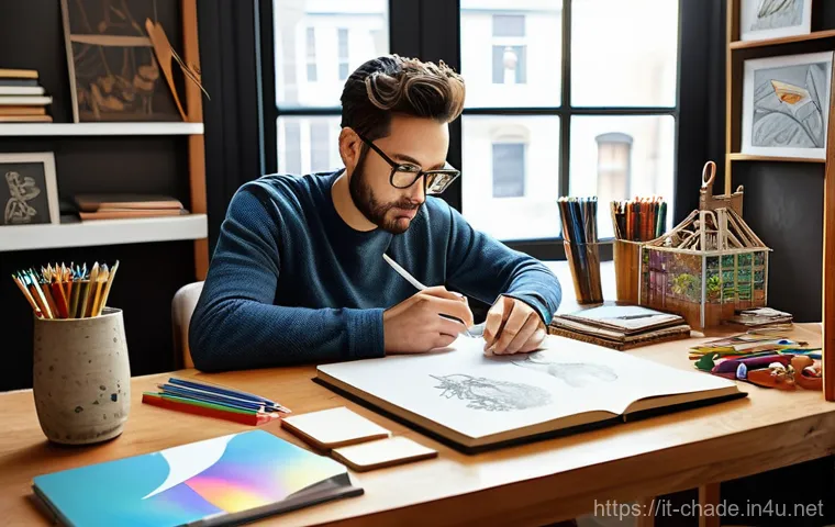 캐릭터 디자인 업계의 변화와 도전 과제 - **A creative character designer working in a modern, sunlit studio, surrounded by both traditional a...