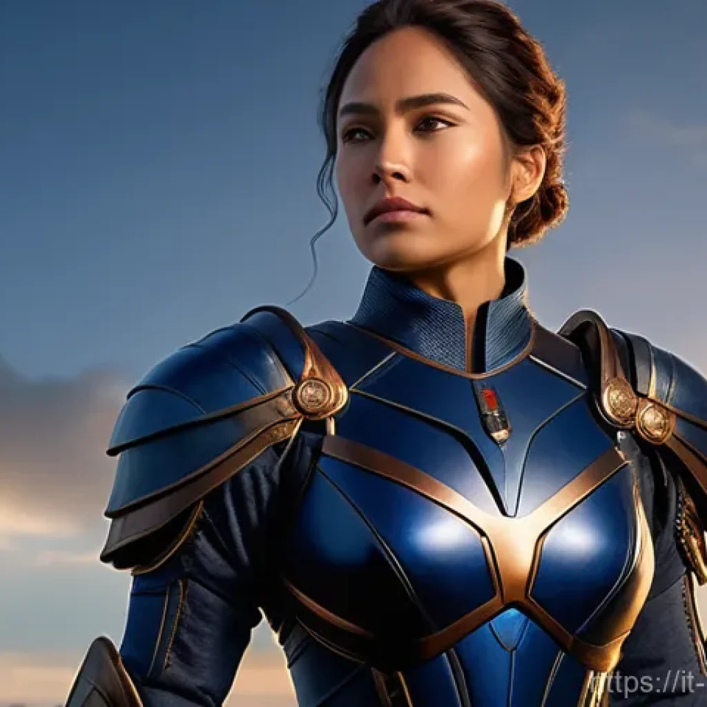 캐릭터 디자인 관련 심리적 분석 - "A resolute female hero stands tall, fully clothed in robust yet elegant armor primarily in deep sap...