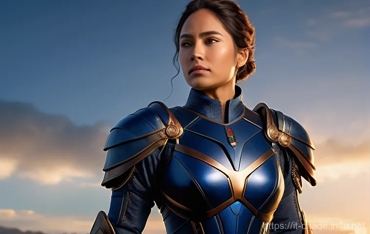 캐릭터 디자인 관련 심리적 분석 - "A resolute female hero stands tall, fully clothed in robust yet elegant armor primarily in deep sap...