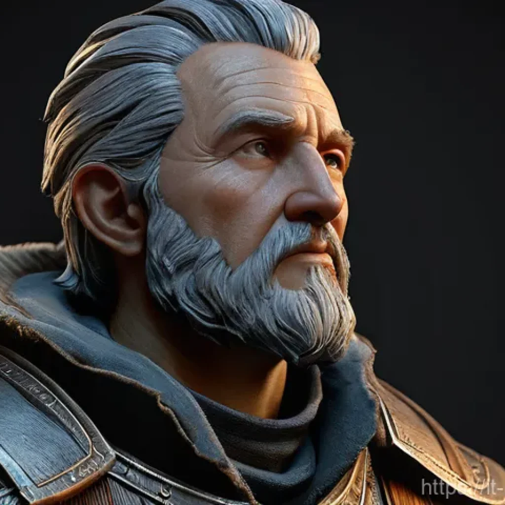 캐릭터 디자인 관련 아카데미 트렌드 - A highly detailed, realistic 3D character bust of a seasoned fantasy explorer, with expressive featu...