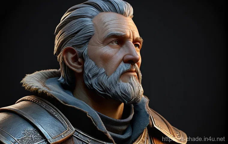 캐릭터 디자인 관련 아카데미 트렌드 - A highly detailed, realistic 3D character bust of a seasoned fantasy explorer, with expressive featu...