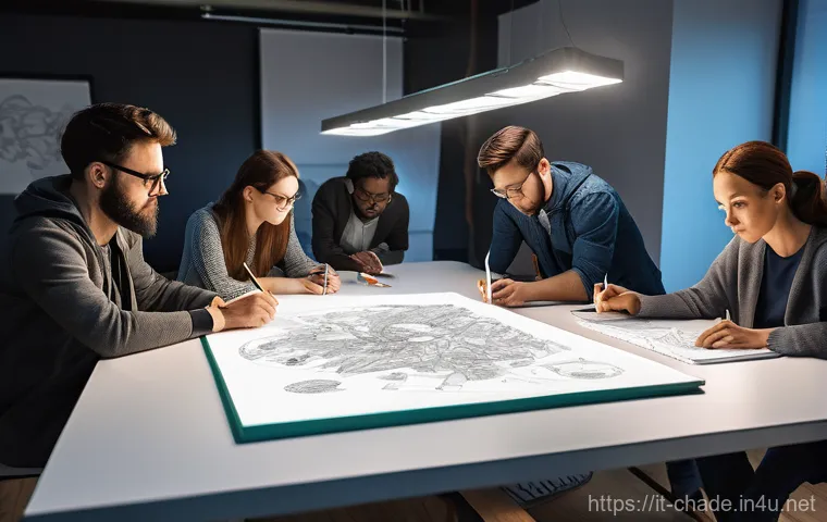 캐릭터 디자인 팀과 협업하는 법 - **Creative Alchemy: Character Design Team in Action**
    A vibrant, medium-shot image depicting a d...