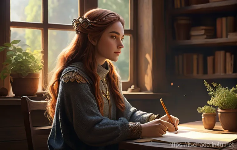 캐릭터 디자인 이직 준비 체크리스트 - **Prompt 1: The Melancholic Fantasy Character Designer's Introspection**

    A full-shot digital pa...