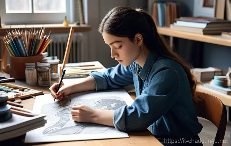캐릭터 디자이너 이직 성공 전략 - **Prompt:** A diligent young female artist, in her early 20s, sits comfortably at a wooden desk in a...