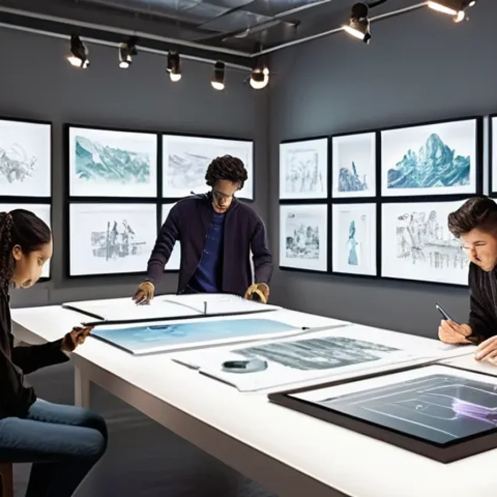 캐릭터 디자인 워크샵 팀 구성 노하우 - **Prompt: The Alchemy of Ideas: Diverse Minds United**
    "A vibrant, high-energy scene inside a mo...