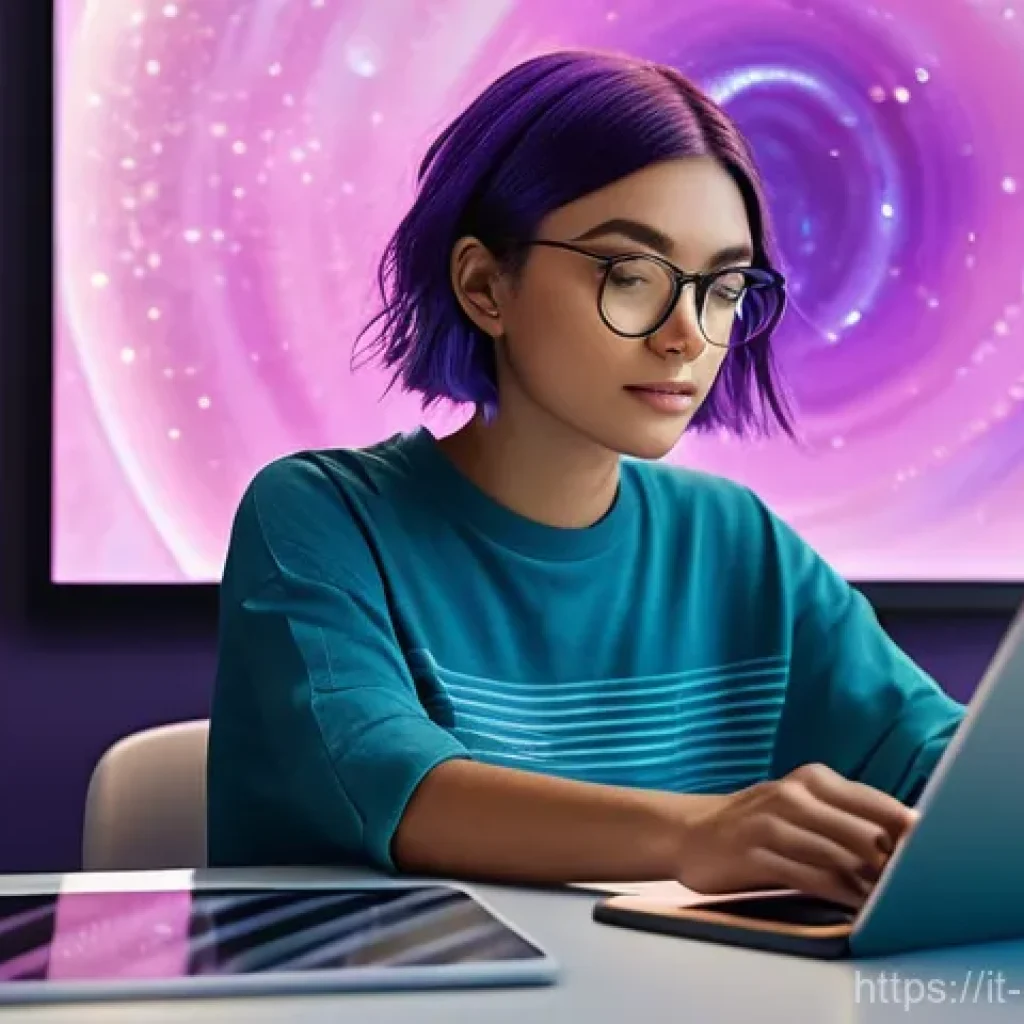 캐릭터 디자인의 혁신적 도구 활용법 - **Prompt:** A young female digital artist, mid-20s, with short, vibrant purple hair, sitting comfort...