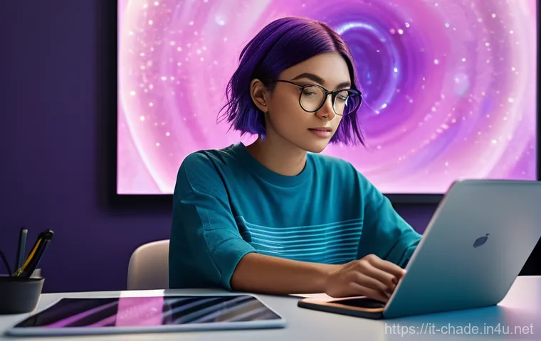 캐릭터 디자인의 혁신적 도구 활용법 - **Prompt:** A young female digital artist, mid-20s, with short, vibrant purple hair, sitting comfort...