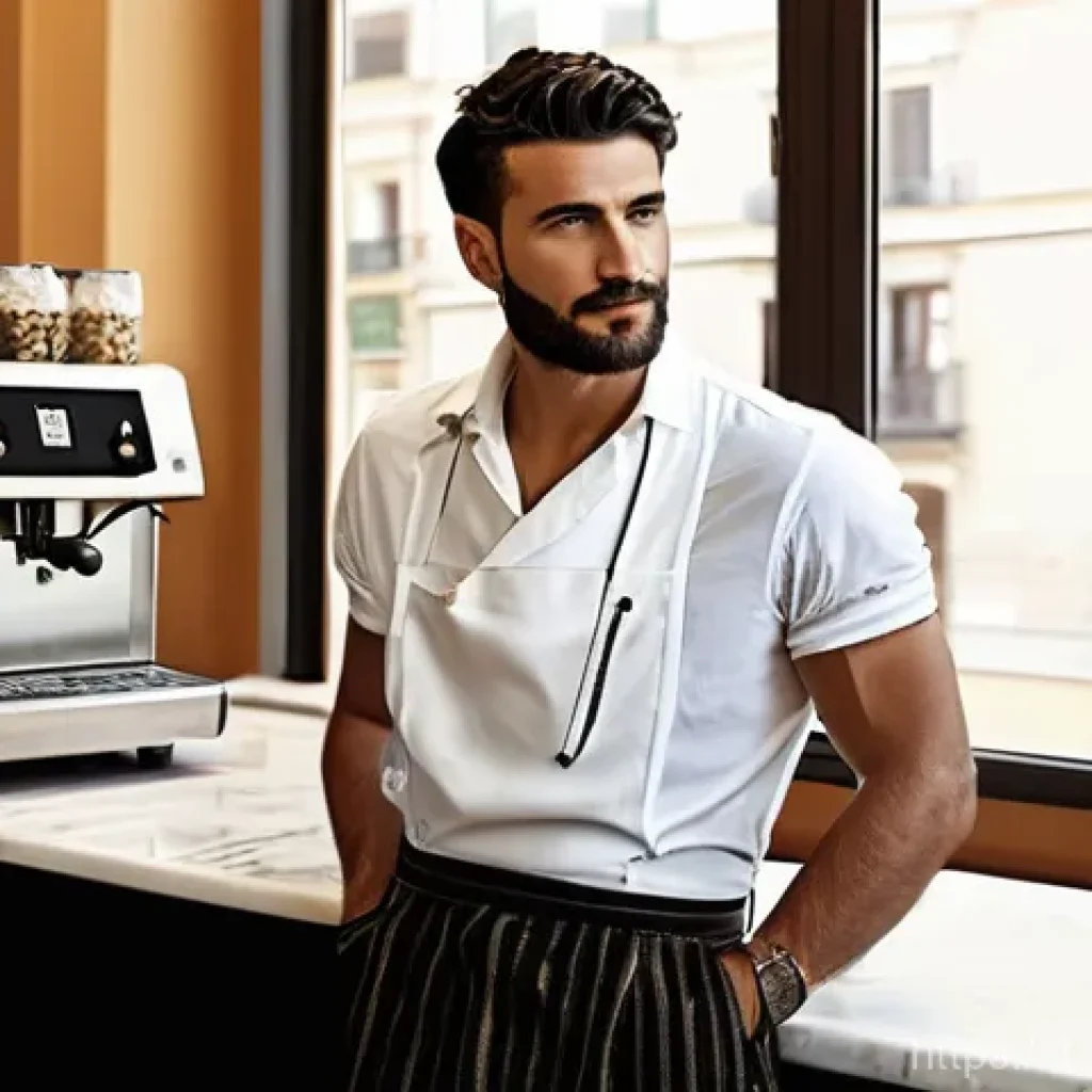 캐릭터 디자인 학습 루트 - A character design sheet of a charismatic Roman barista, early morning in a bustling Italian coffee ...