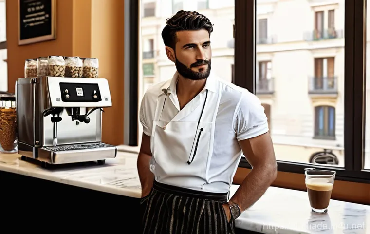 캐릭터 디자인 학습 루트 - A character design sheet of a charismatic Roman barista, early morning in a bustling Italian coffee ...