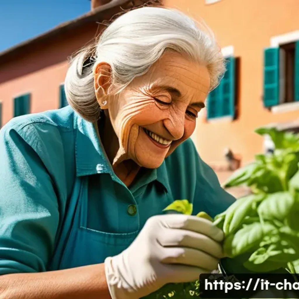 캐릭터 디자인 직업 윤리 - A wise and vibrant elderly woman, of Italian descent, working diligently in a bustling community gar...