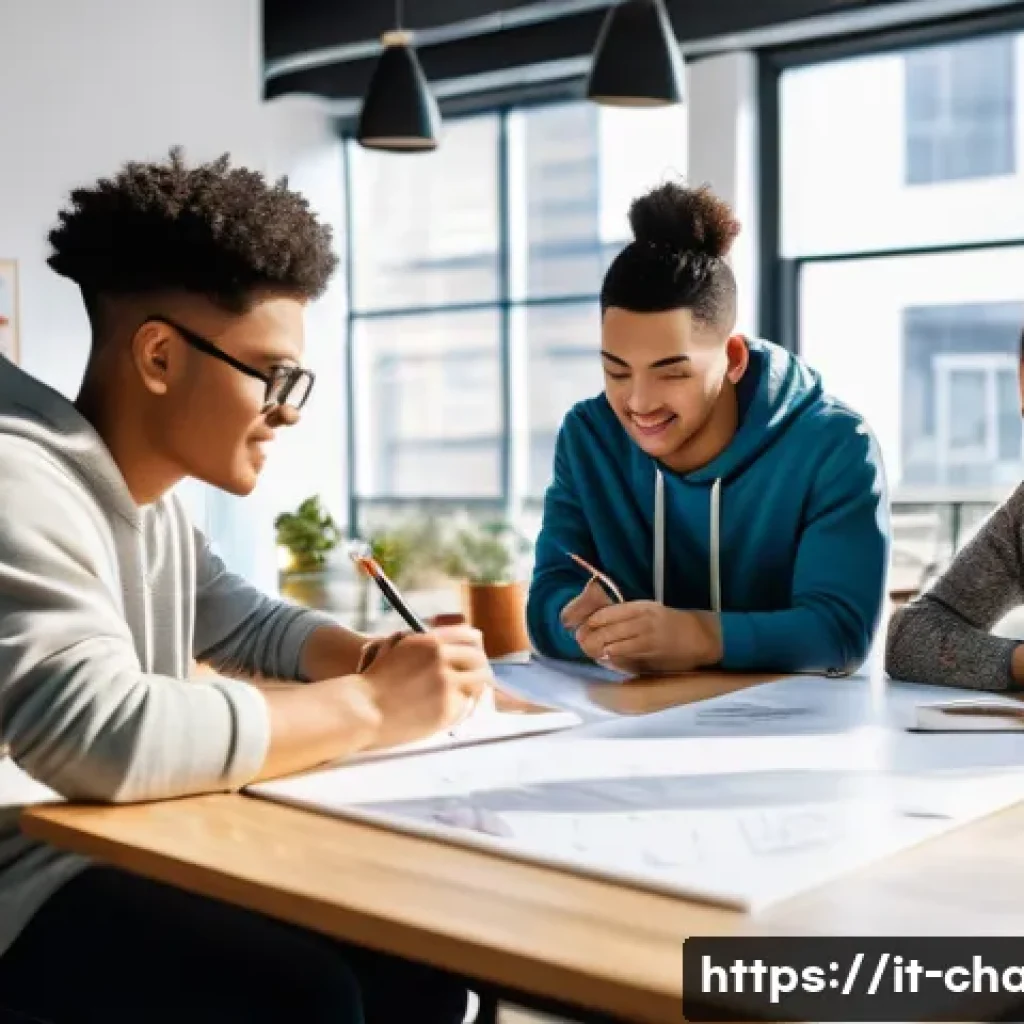 캐릭터 디자인의 글로벌 커뮤니티 - A group of diverse young adults, representing various ethnicities and body types, are gathered in a ...