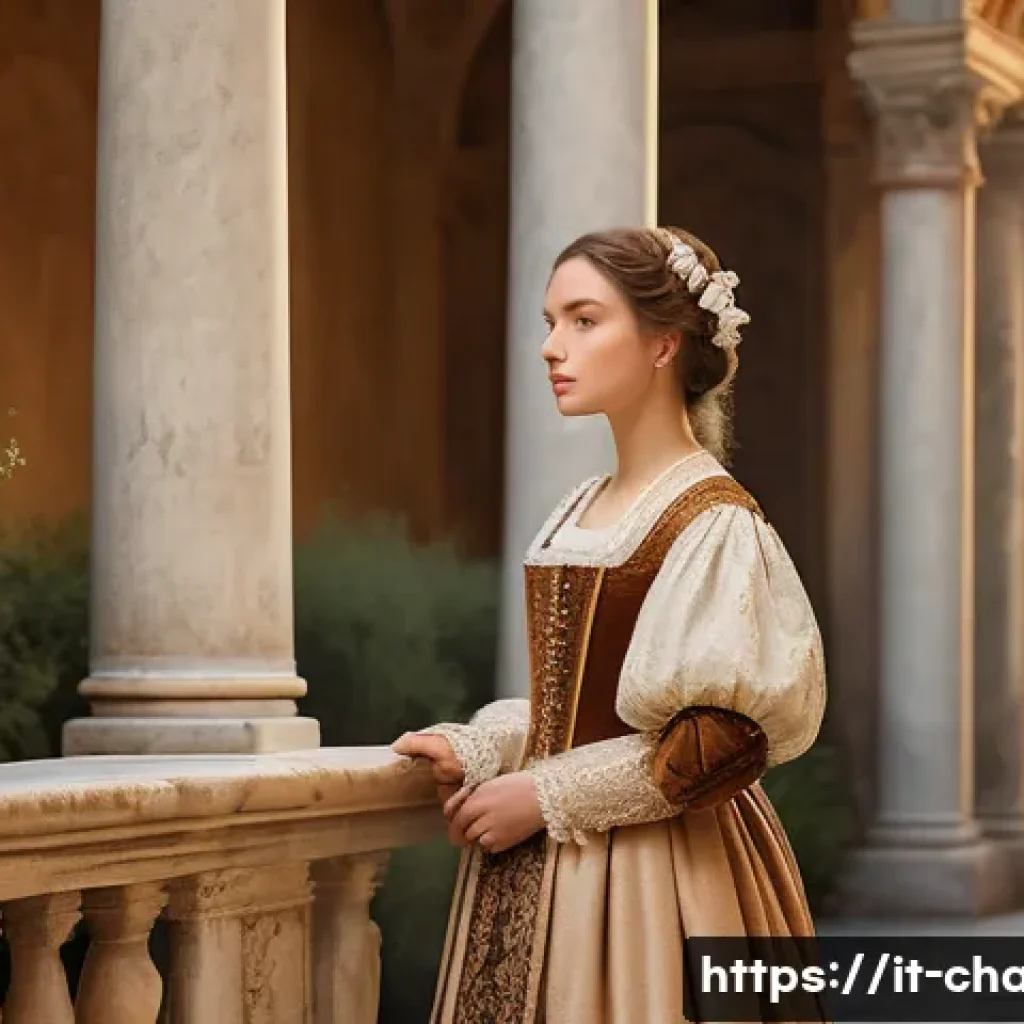 캐릭터 디자인과 배경 디자인의 상관성 - A young woman standing in a sunlit Italian Renaissance courtyard, wearing historically accurate 16th...