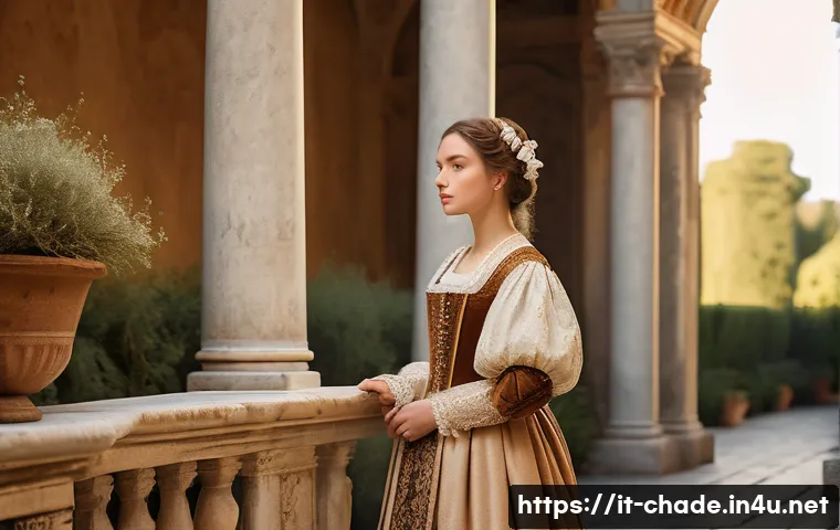 캐릭터 디자인과 배경 디자인의 상관성 - A young woman standing in a sunlit Italian Renaissance courtyard, wearing historically accurate 16th...