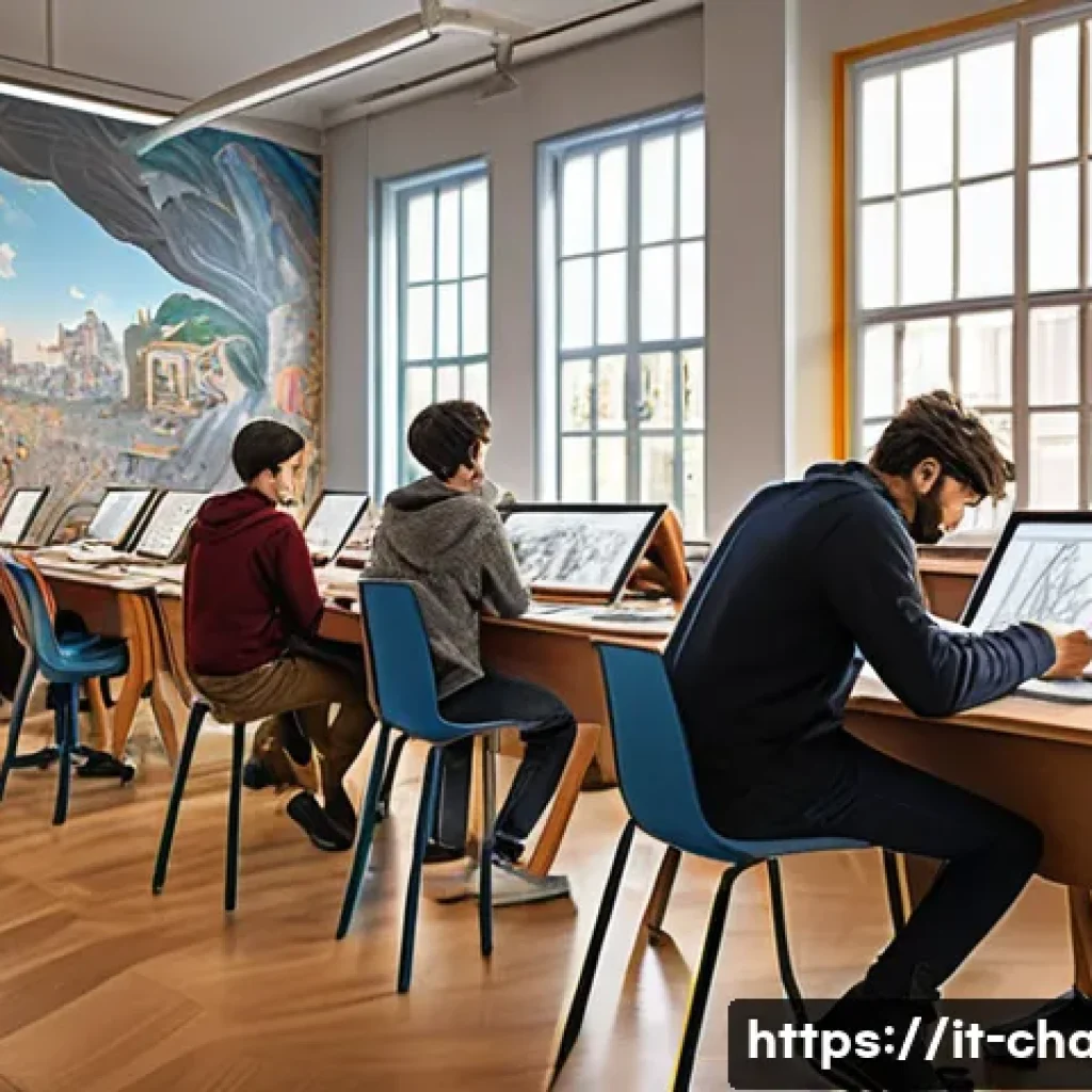 캐릭터 디자인 아카데미 추천 - A modern Italian art academy classroom filled with diverse young adult students focused on character...