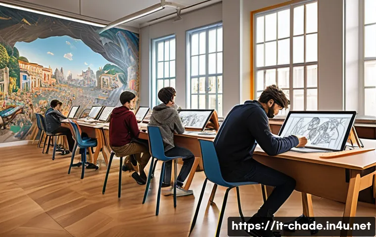 캐릭터 디자인 아카데미 추천 - A modern Italian art academy classroom filled with diverse young adult students focused on character...