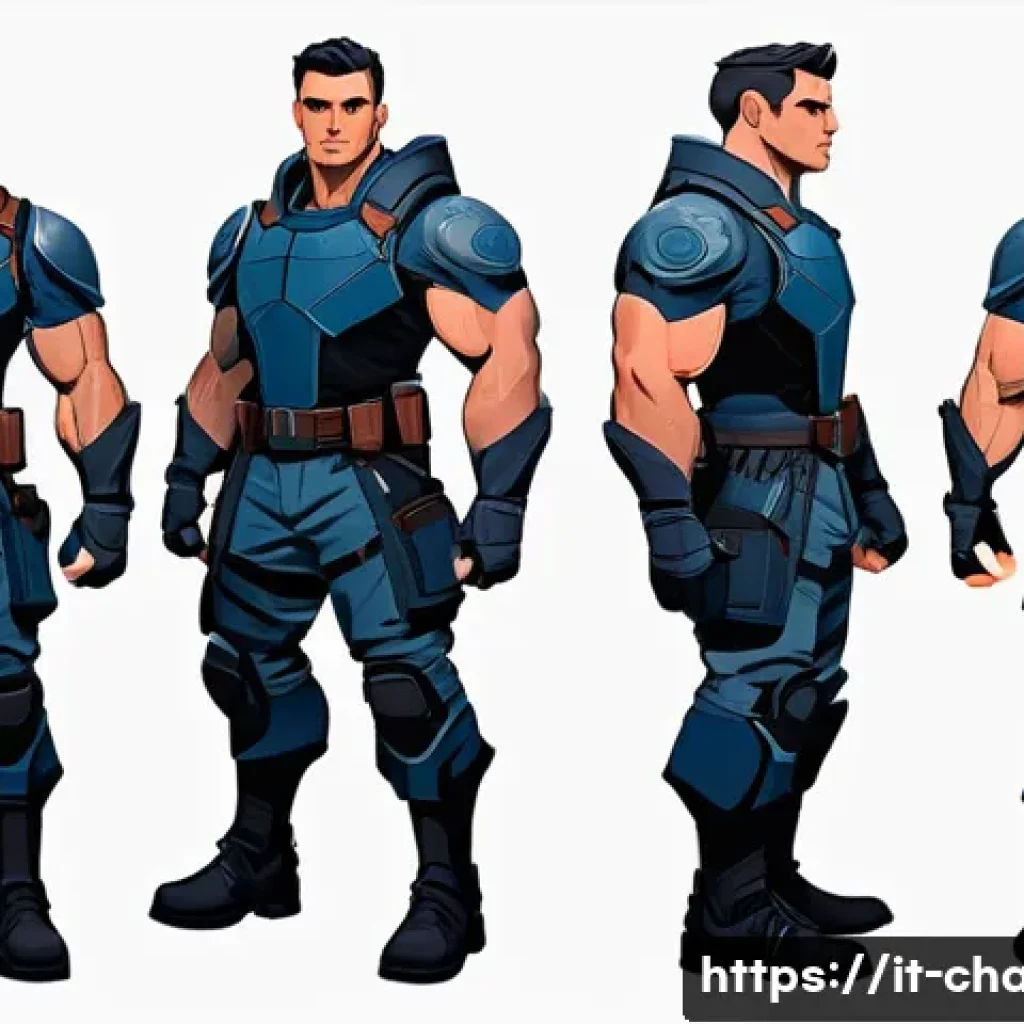 캐릭터 디자인 실기 시험 대비 - A strong, heroic male character design with a well-defined silhouette featuring broad shoulders and ...