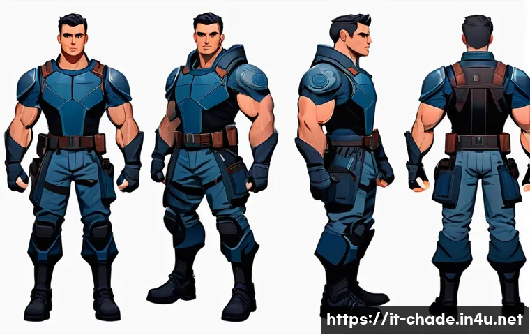 캐릭터 디자인 실기 시험 대비 - A strong, heroic male character design with a well-defined silhouette featuring broad shoulders and ...