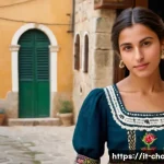 캐릭터 디자인의 문화적 다양성 반영 - A dignified young Italian woman in traditional southern Italian folk attire, wearing a detailed embr...