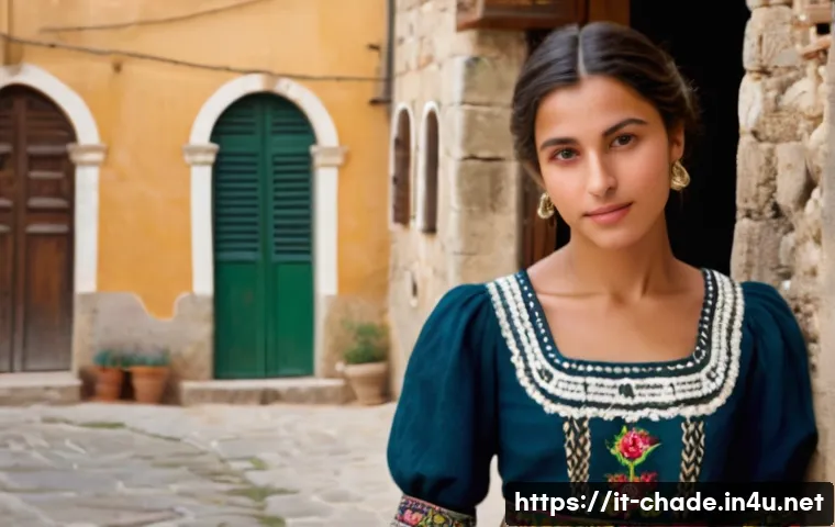 캐릭터 디자인의 문화적 다양성 반영 - A dignified young Italian woman in traditional southern Italian folk attire, wearing a detailed embr...