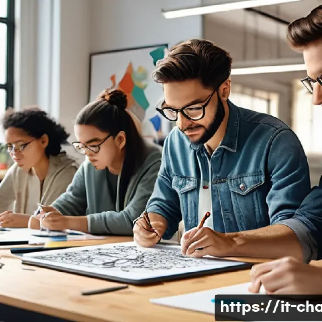 캐릭터 디자인 관련 워크샵의 효과 - A vibrant character design workshop scene set in a modern art studio, featuring diverse artists coll...