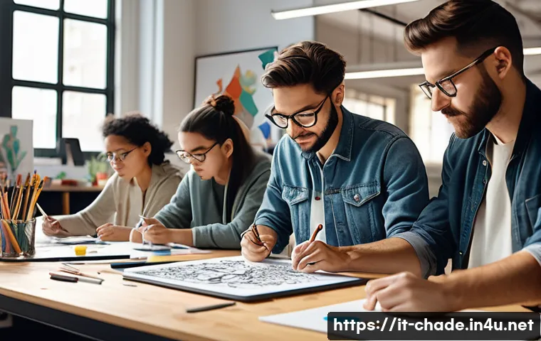 캐릭터 디자인 관련 워크샵의 효과 - A vibrant character design workshop scene set in a modern art studio, featuring diverse artists coll...