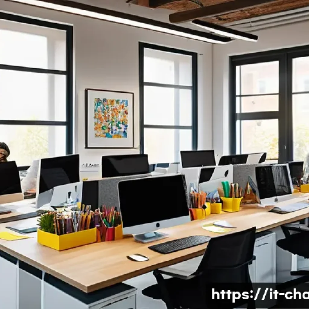 캐릭터 디자인 프로젝트 관리 노하우 - A professional character design workspace showing a diverse team of designers collaborating in a mod...