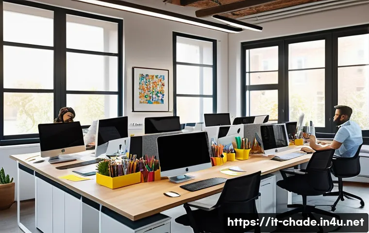 캐릭터 디자인 프로젝트 관리 노하우 - A professional character design workspace showing a diverse team of designers collaborating in a mod...