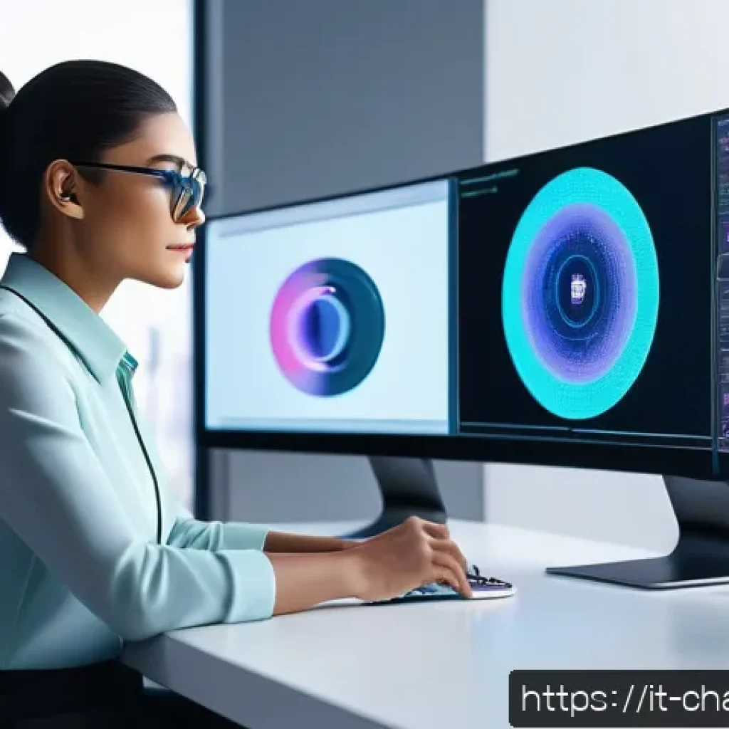 캐릭터 디자인 분야의 기술 발전 - A futuristic female character designer working in a sleek digital studio filled with holographic 3D ...