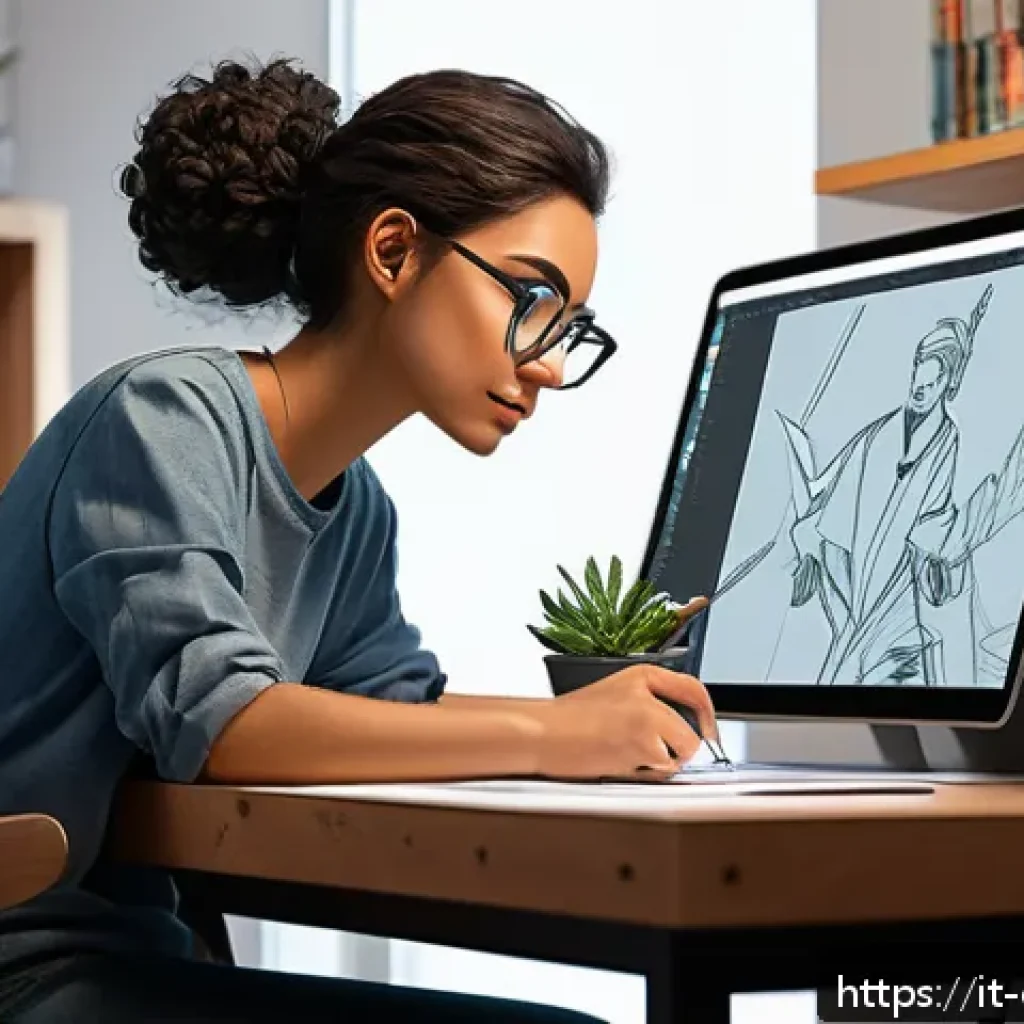 캐릭터 디자인 취업 포털 활용법 - A professional female character designer at work in a modern, cozy studio filled with digital art to...