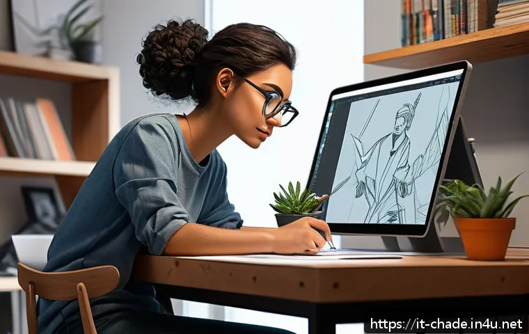 캐릭터 디자인 취업 포털 활용법 - A professional female character designer at work in a modern, cozy studio filled with digital art to...