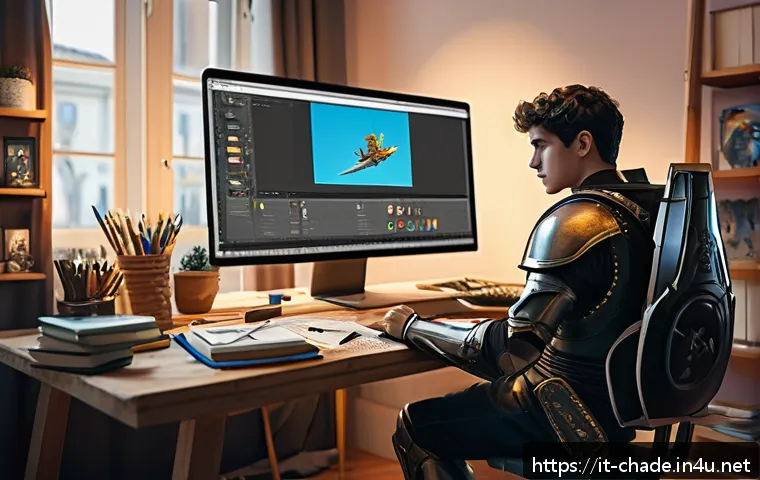 캐릭터 디자인에서 피드백 활용 팁 - A professional digital artist&rsquo;s workspace showcasing a large monitor displaying a character design i...
