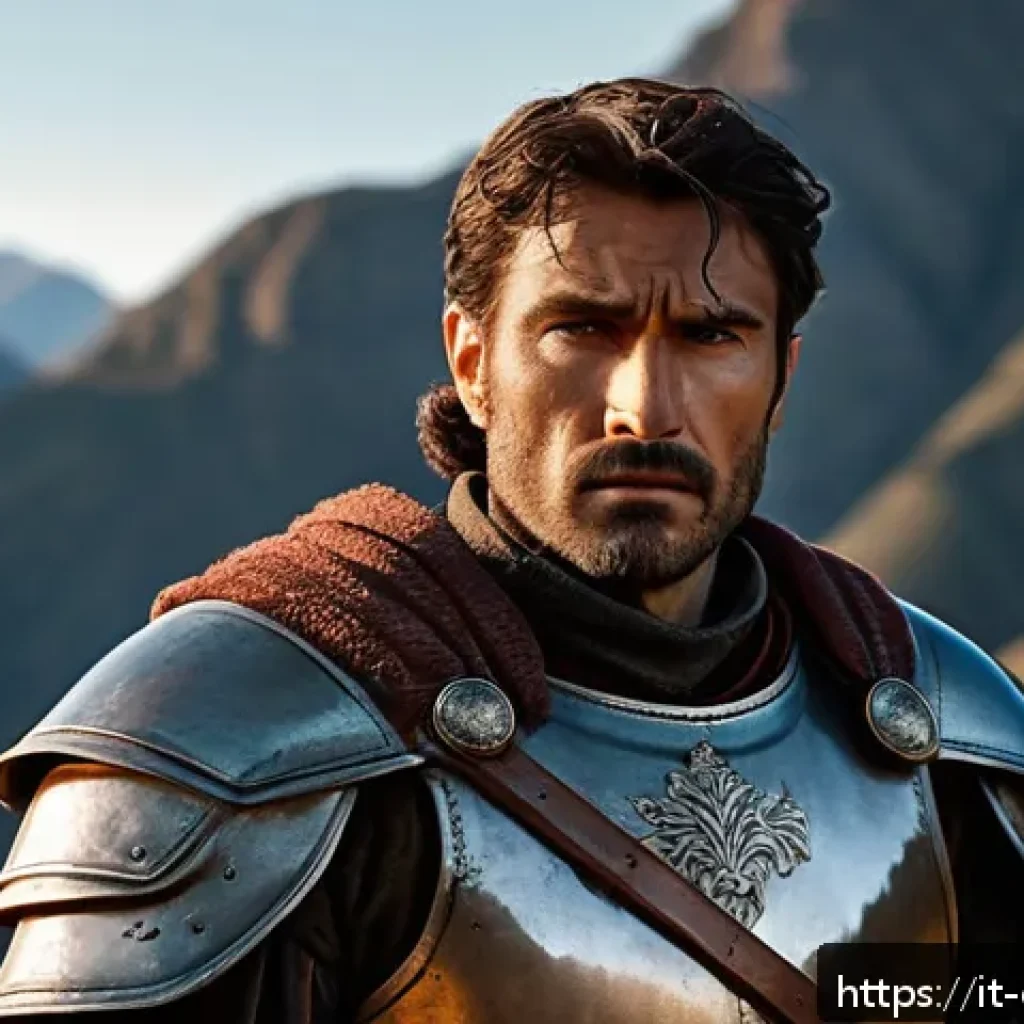 캐릭터 디자인 비주얼 스토리텔링 - A seasoned warrior character standing in a rugged, mountainous landscape at dusk, wearing slightly w...