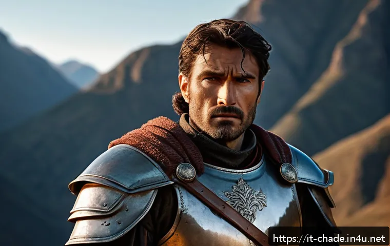 캐릭터 디자인 비주얼 스토리텔링 - A seasoned warrior character standing in a rugged, mountainous landscape at dusk, wearing slightly w...