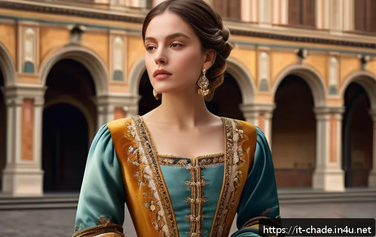 캐릭터 디자인의 창작적 접근과 사례 - A sophisticated Italian Renaissance-inspired female character wearing a modern reinterpretation of t...
