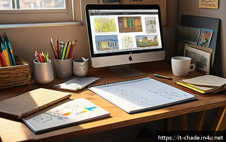 캐릭터 디자인 전문가의 하루 일과 - A character designer&rsquo;s creative workspace featuring a cozy, sunlit room with sketches, moodboards pi...