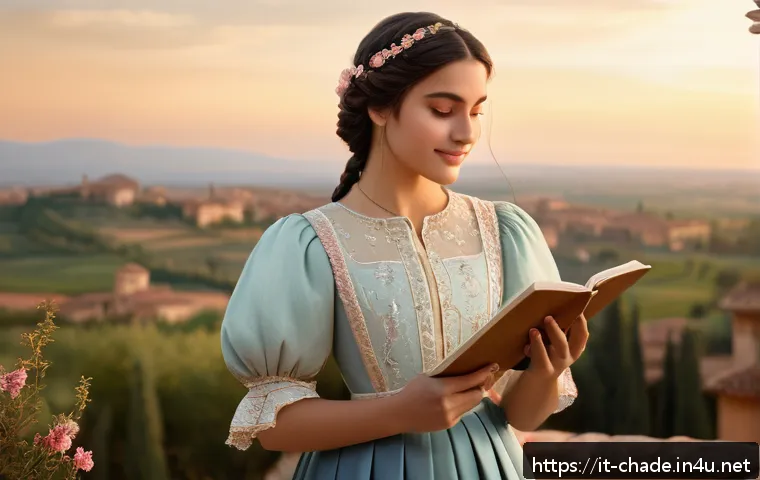 캐릭터 디자인 관련 국제 공모전 성공 사례 - A young female character inspired by Italian Renaissance culture, wearing elegant traditional attire...