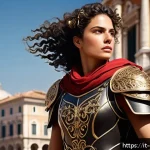 캐릭터 디자인 포트폴리오 웹사이트 제작 - A dynamic character design of a confident Italian female fantasy warrior standing in a bustling piaz...