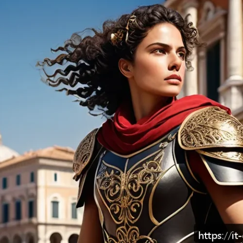 캐릭터 디자인 포트폴리오 웹사이트 제작 - A dynamic character design of a confident Italian female fantasy warrior standing in a bustling piaz...