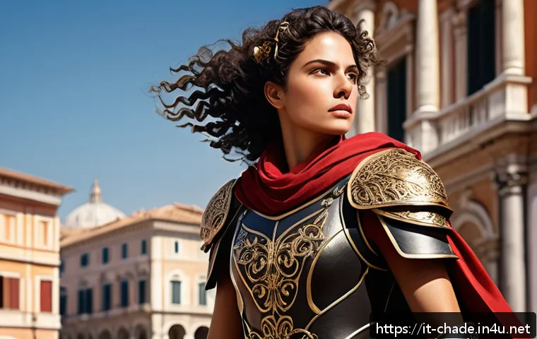 캐릭터 디자인 포트폴리오 웹사이트 제작 - A dynamic character design of a confident Italian female fantasy warrior standing in a bustling piaz...