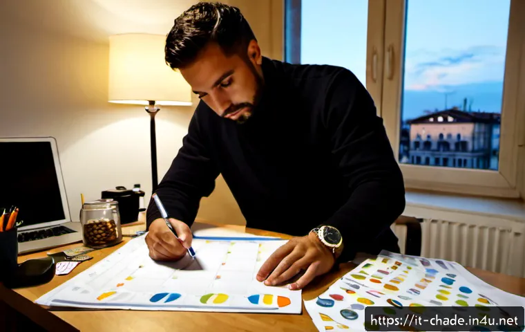 Home 17 캐릭터 디자인 프로젝트 데드라인 관리 - Photorealistic Italian character designer working late in a bright Milan studio, focused adult artis...